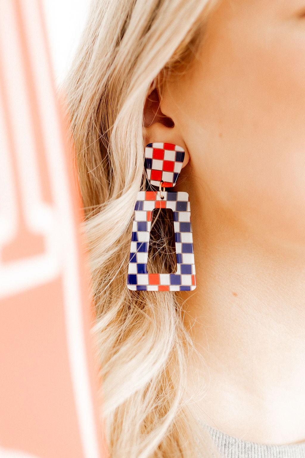 Kennedy Statement Earrings - Blue and Red Checkered