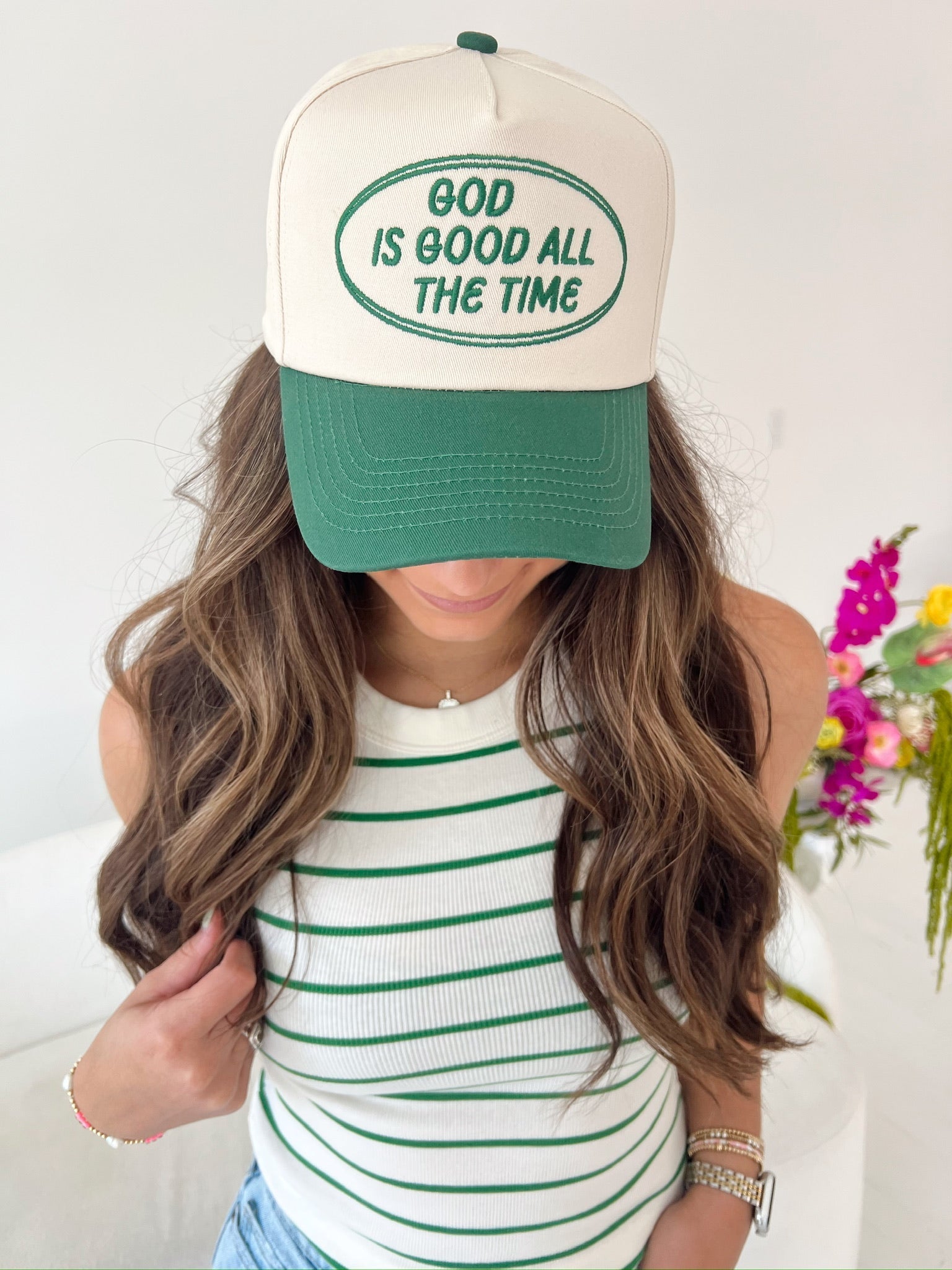 God is Good - Green Vintage Trucker Hat - Shop LINNY CO