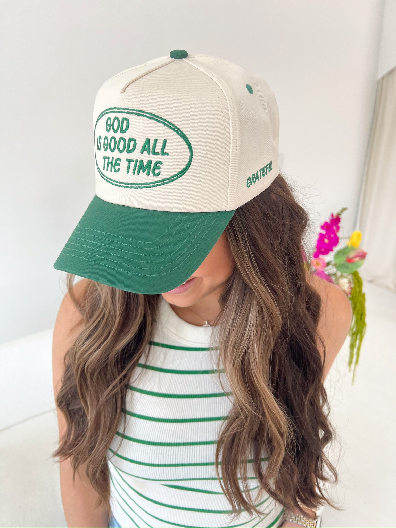 God is Good - Green Vintage Trucker Hat - Shop LINNY CO