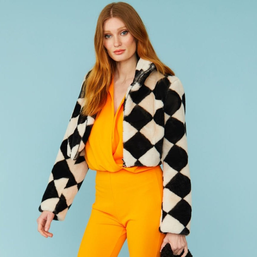 Avril Checkered Faux Fur Jacket