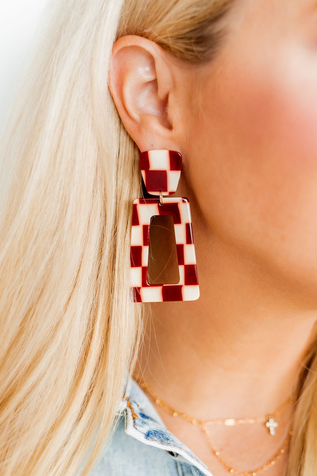 Kennedy Statement Earrings - Maroon Checkered - Shop LINNY CO