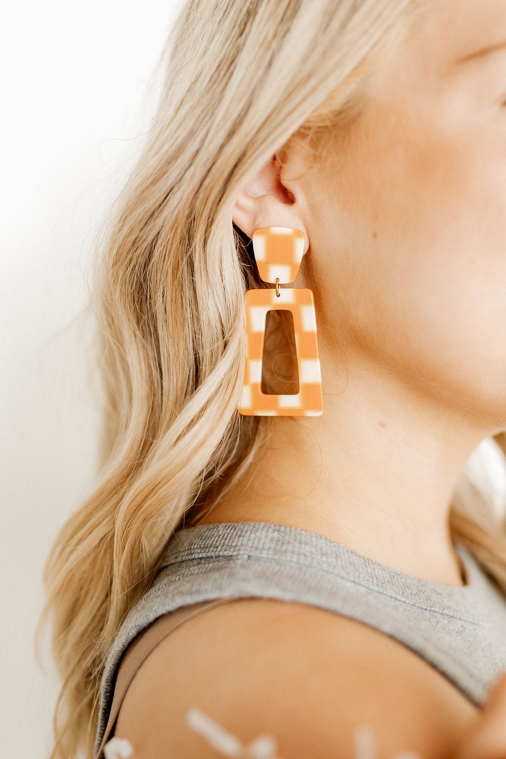 Kennedy Statement Earrings - Orange Checkered - Shop LINNY CO