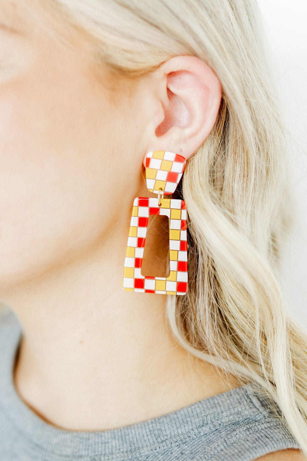 Kennedy Statement Earrings - Red and Gold Checkered - Shop LINNY CO