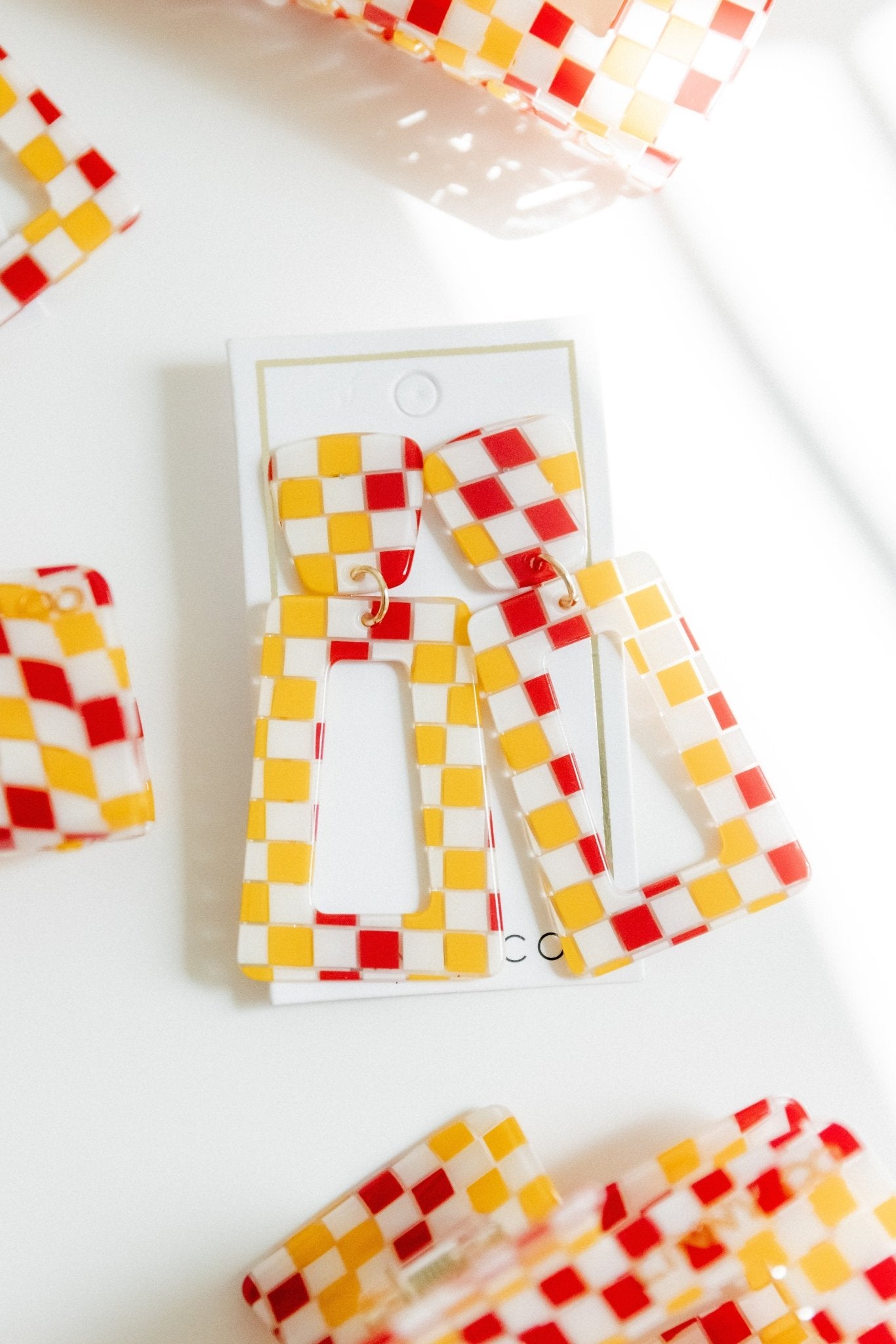 Kennedy Statement Earrings - Red and Gold Checkered - Shop LINNY CO