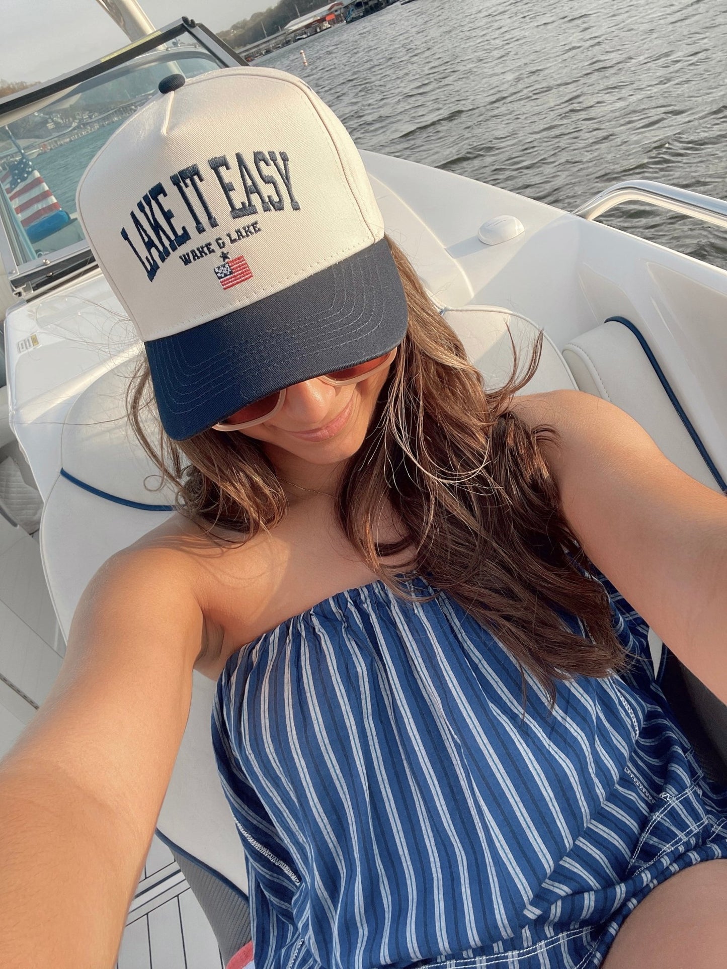 Lake it Easy - Navy Vintage Trucker Hat - Shop LINNY CO