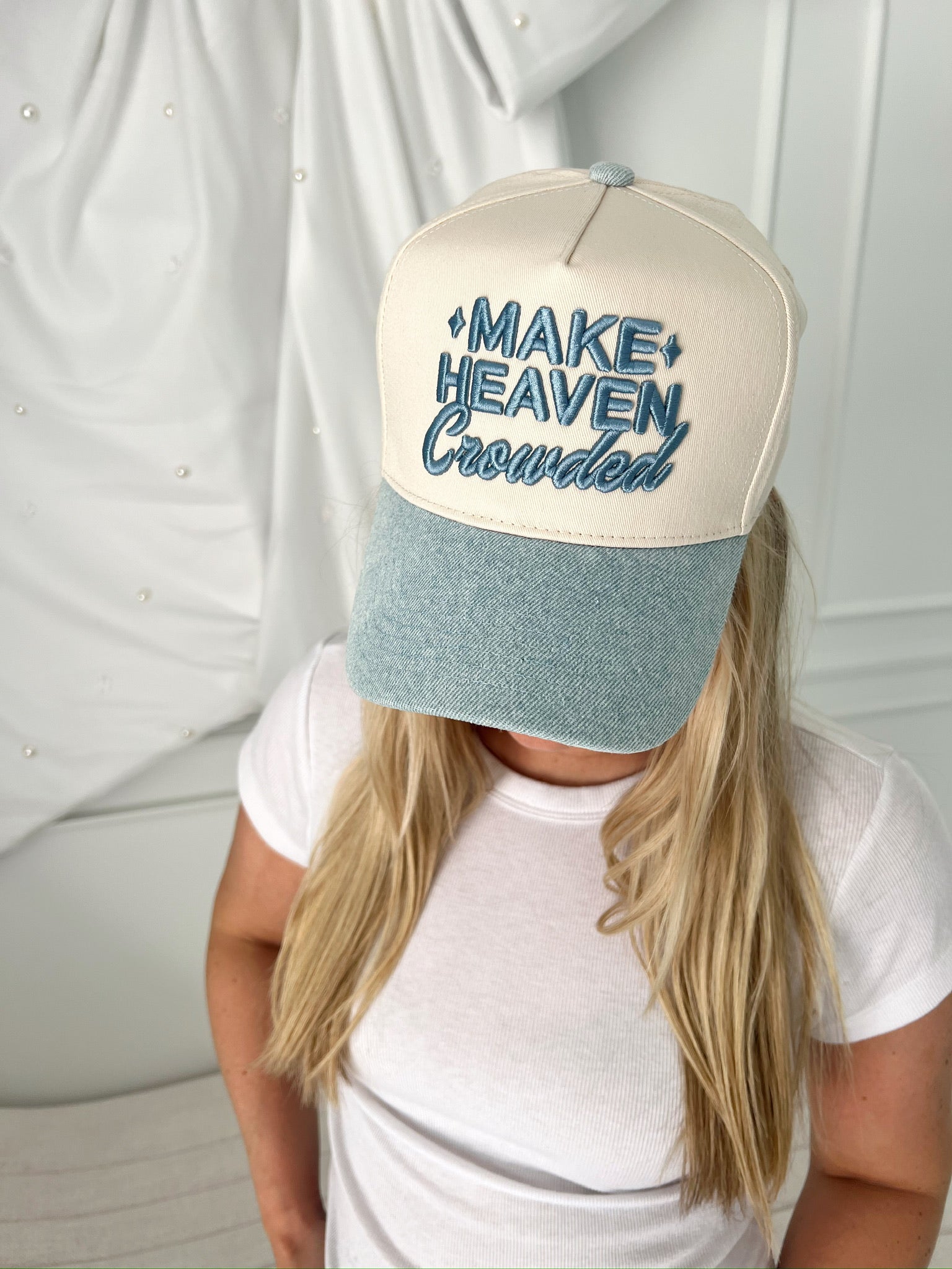 Make Heaven Crowded - Denim Vintage Trucker Hat - Shop LINNY CO