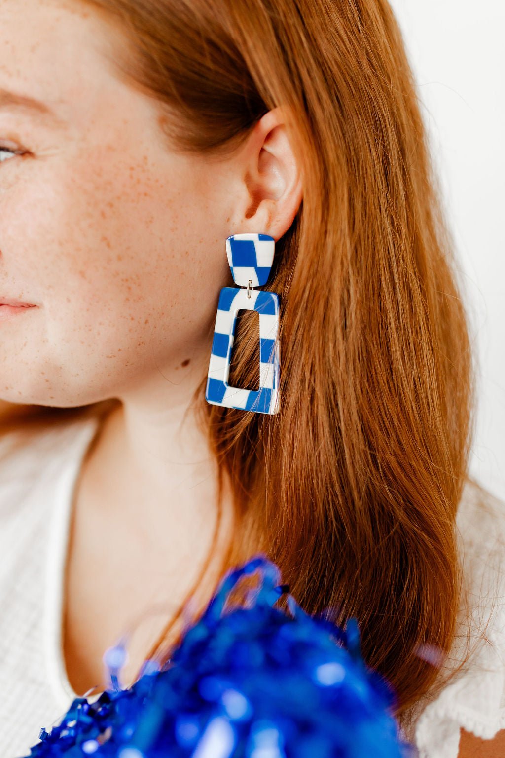 Kennedy Statement Earrings - Blue Checkered - Shop LINNY CO