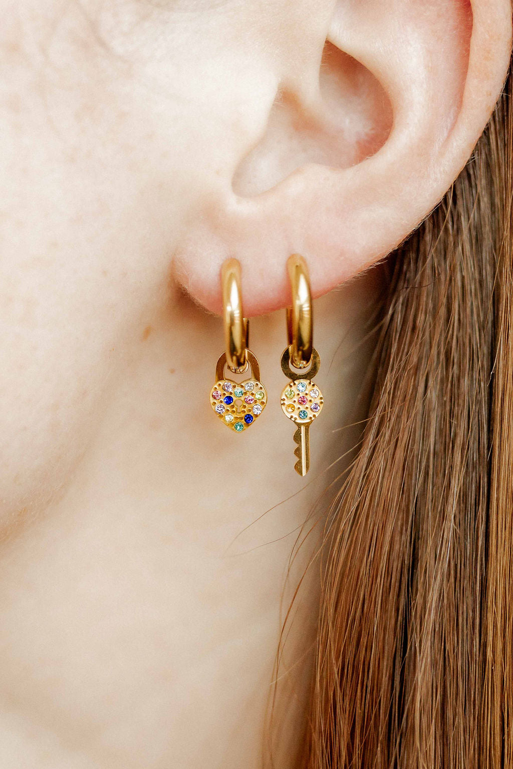 Huggie Charm Earrings - Lock and Key Gold
