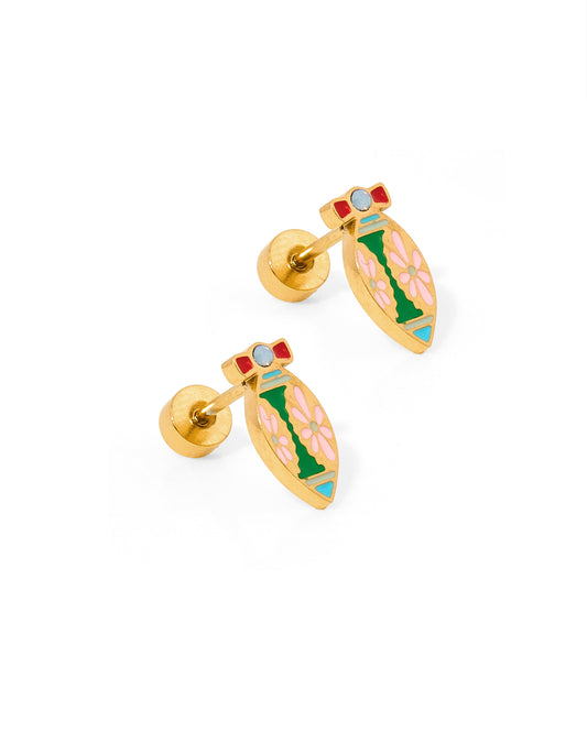 A pair of screwback stud earrings with an oval ornament design, featuring pink, green, yellow, and red enamel and a pink CZ stone.