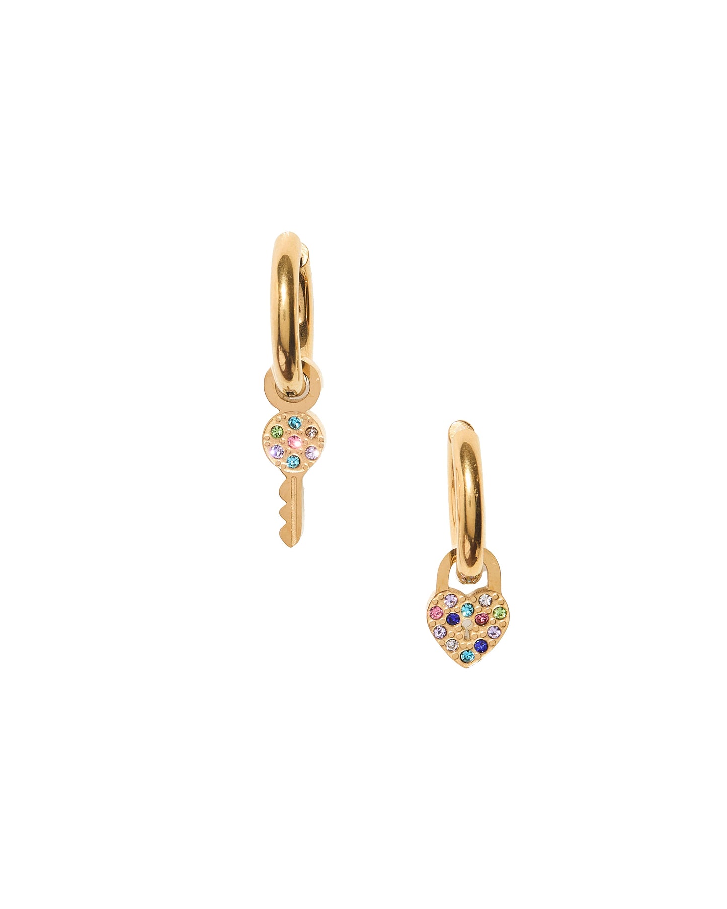 Huggie Charm Earrings - Lock and Key Gold