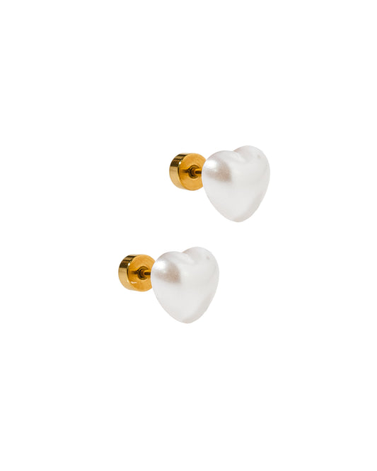 Pair of white heart-shaped earrings with gold accents on a white background