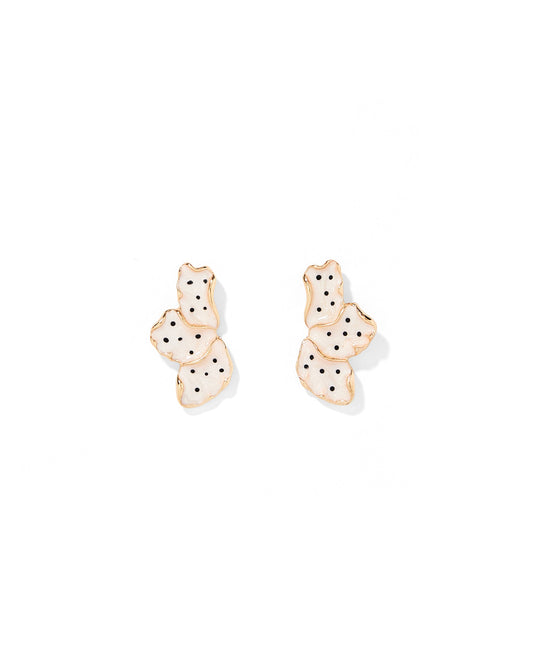 Pair of gold earrings with black polka dots on a white background