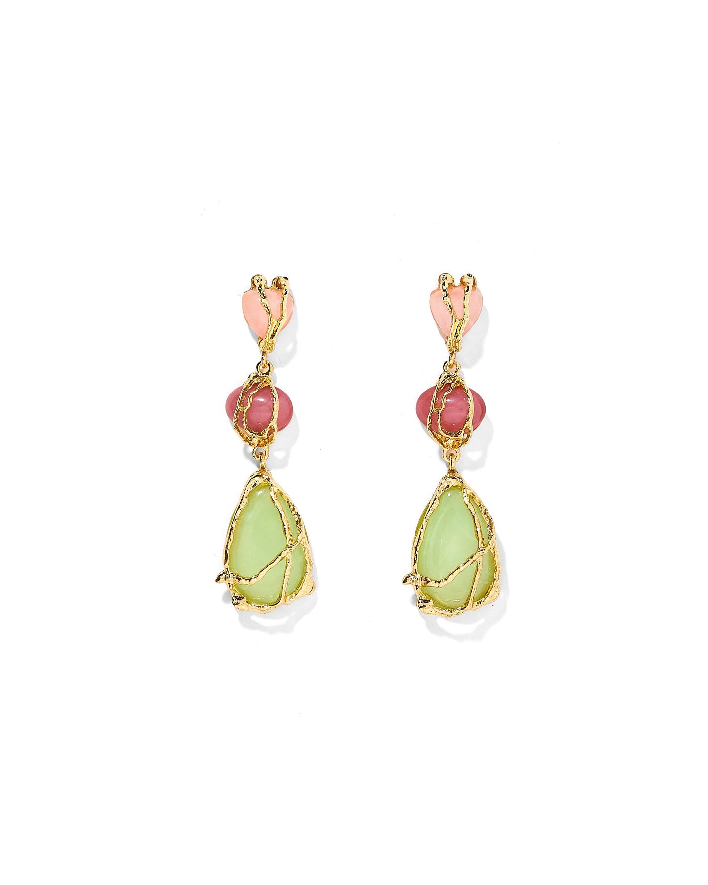 Pair of earrings with green and pink stones on a white background