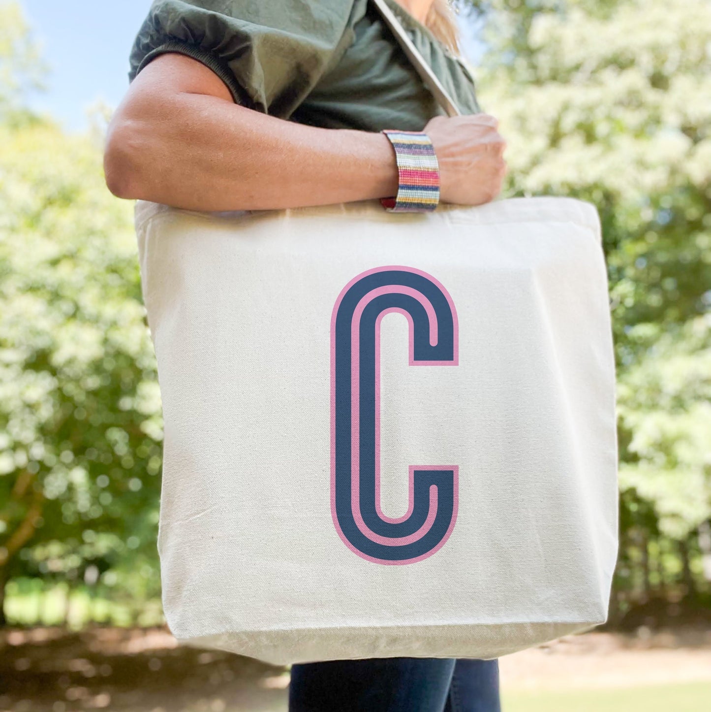 Canvas Tote - Single Initial - Navy Pink - Shop LINNY CO