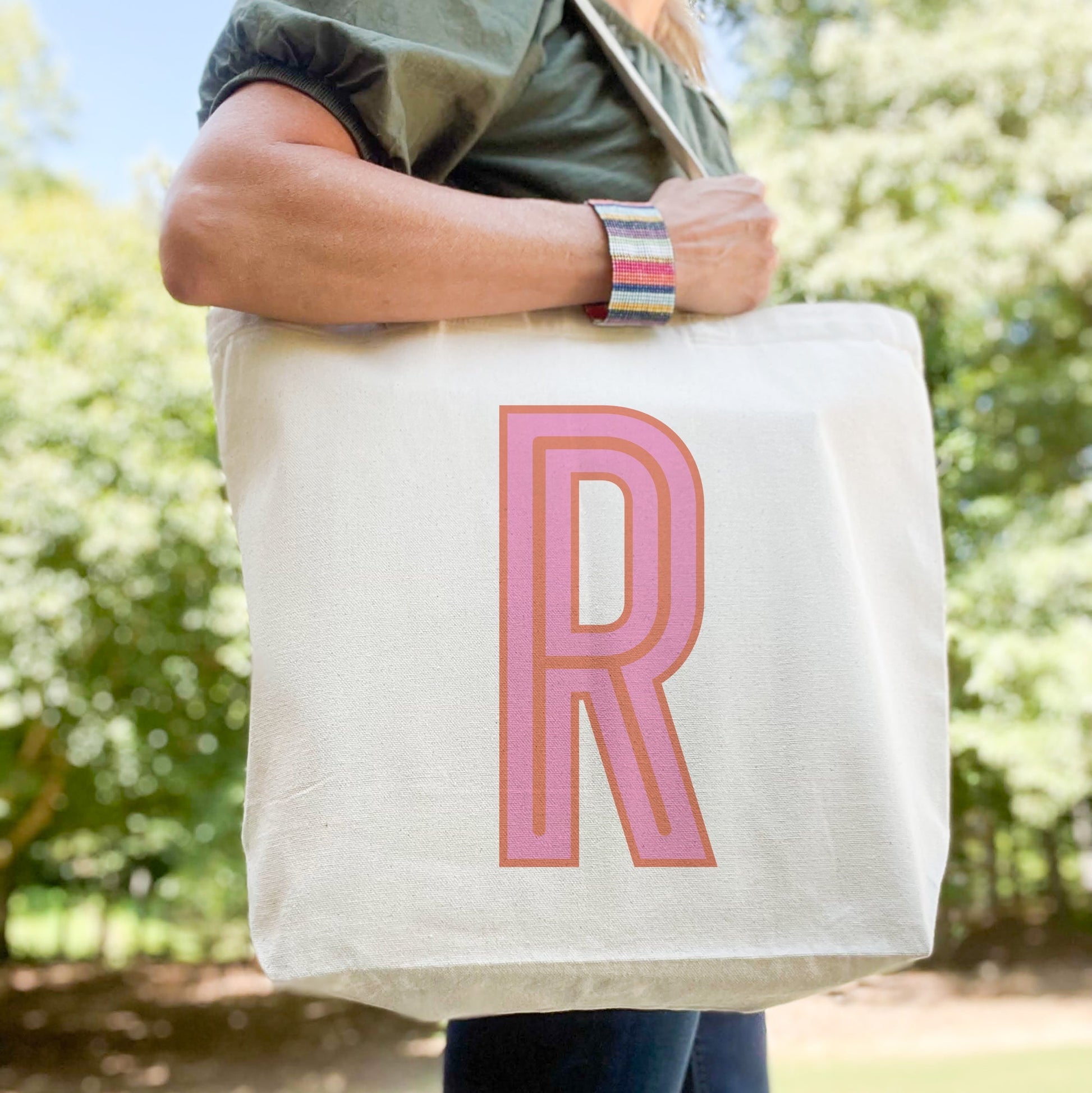 Canvas Tote - Single Initial - Pink Orange - Shop LINNY CO