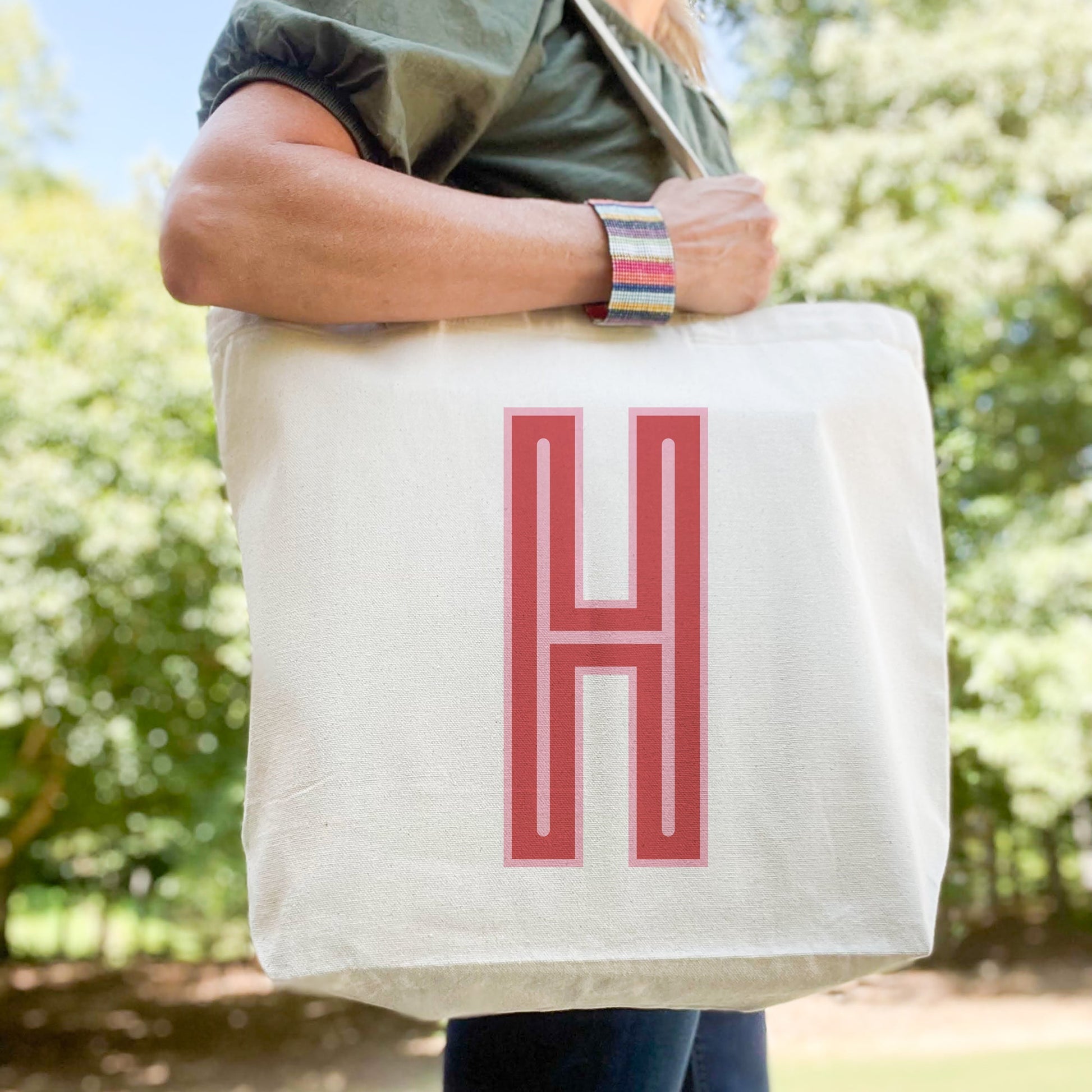 Canvas Tote - Single Initial - Red Pink - Shop LINNY CO