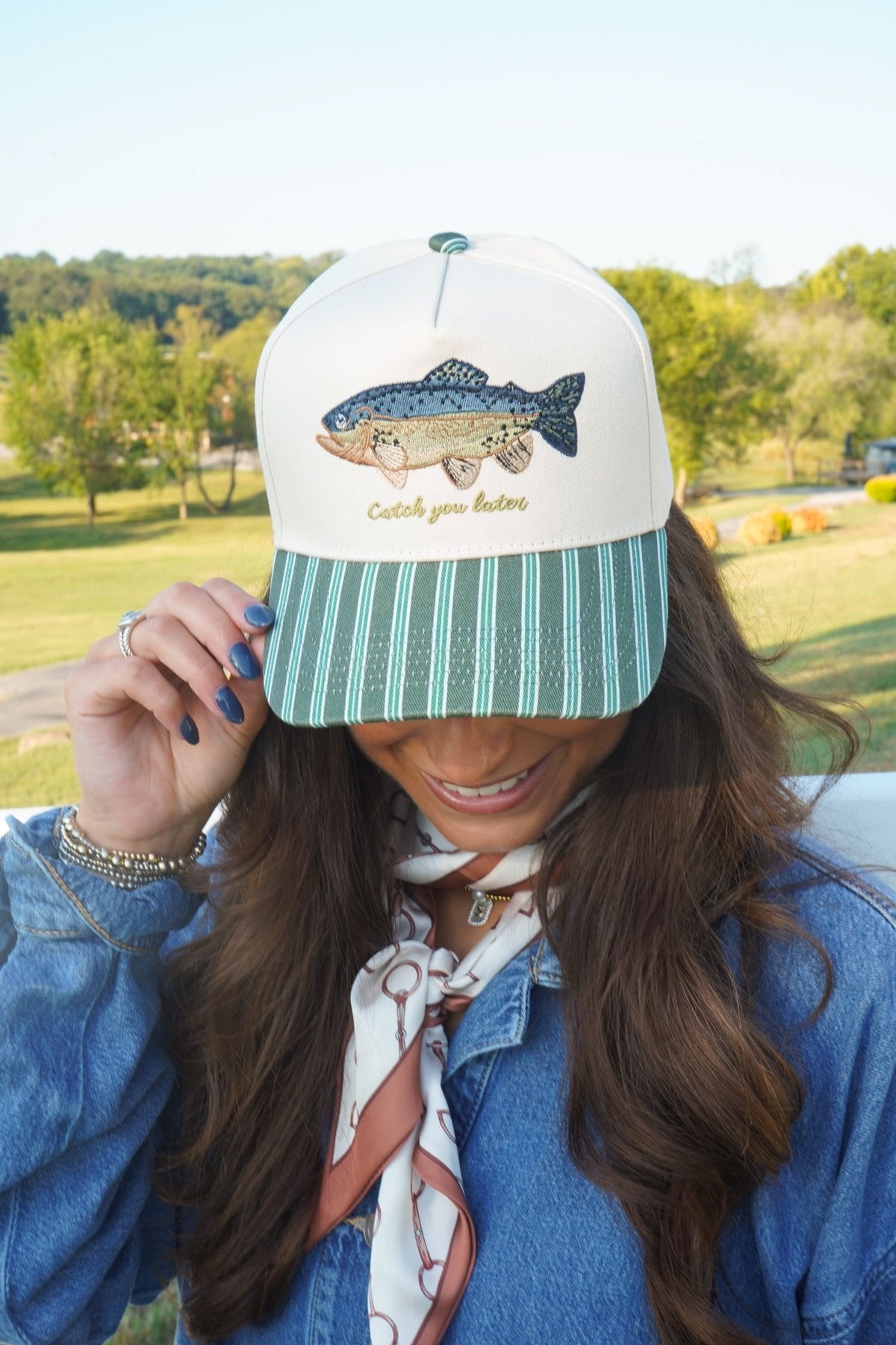 Catch you Later - Dark Green + Navy Stripe Trucker Hat - Shop LINNY CO