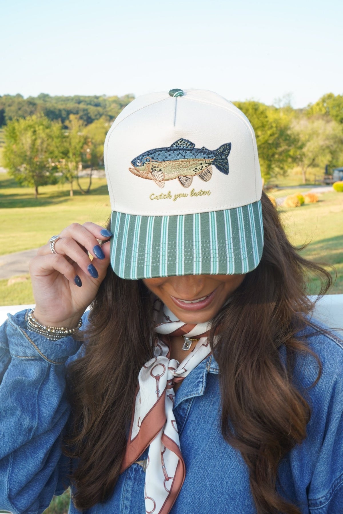 Catch you Later - Dark Green + Navy Stripe Trucker Hat - Shop LINNY CO
