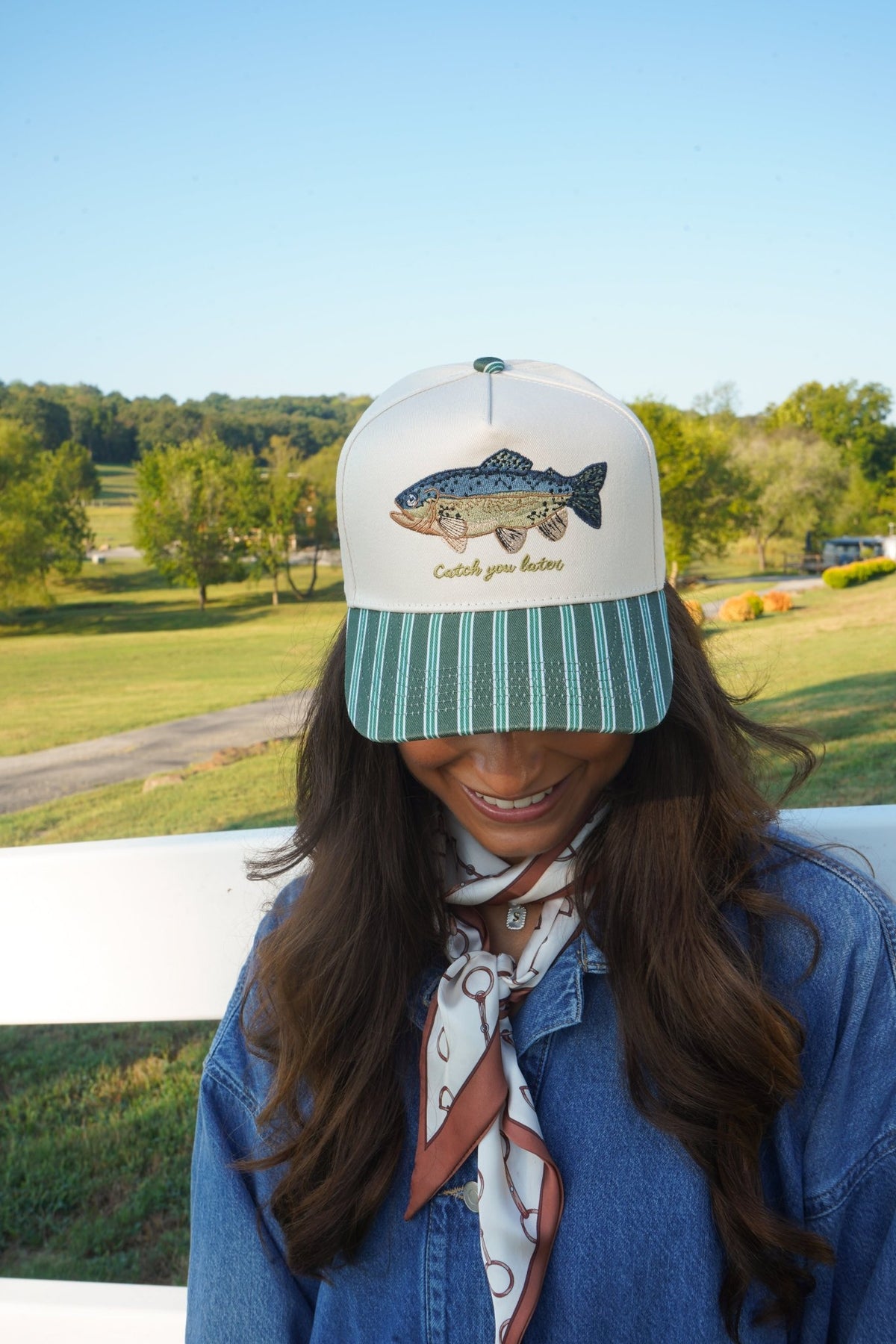 Catch you Later - Dark Green + Navy Stripe Trucker Hat - Shop LINNY CO