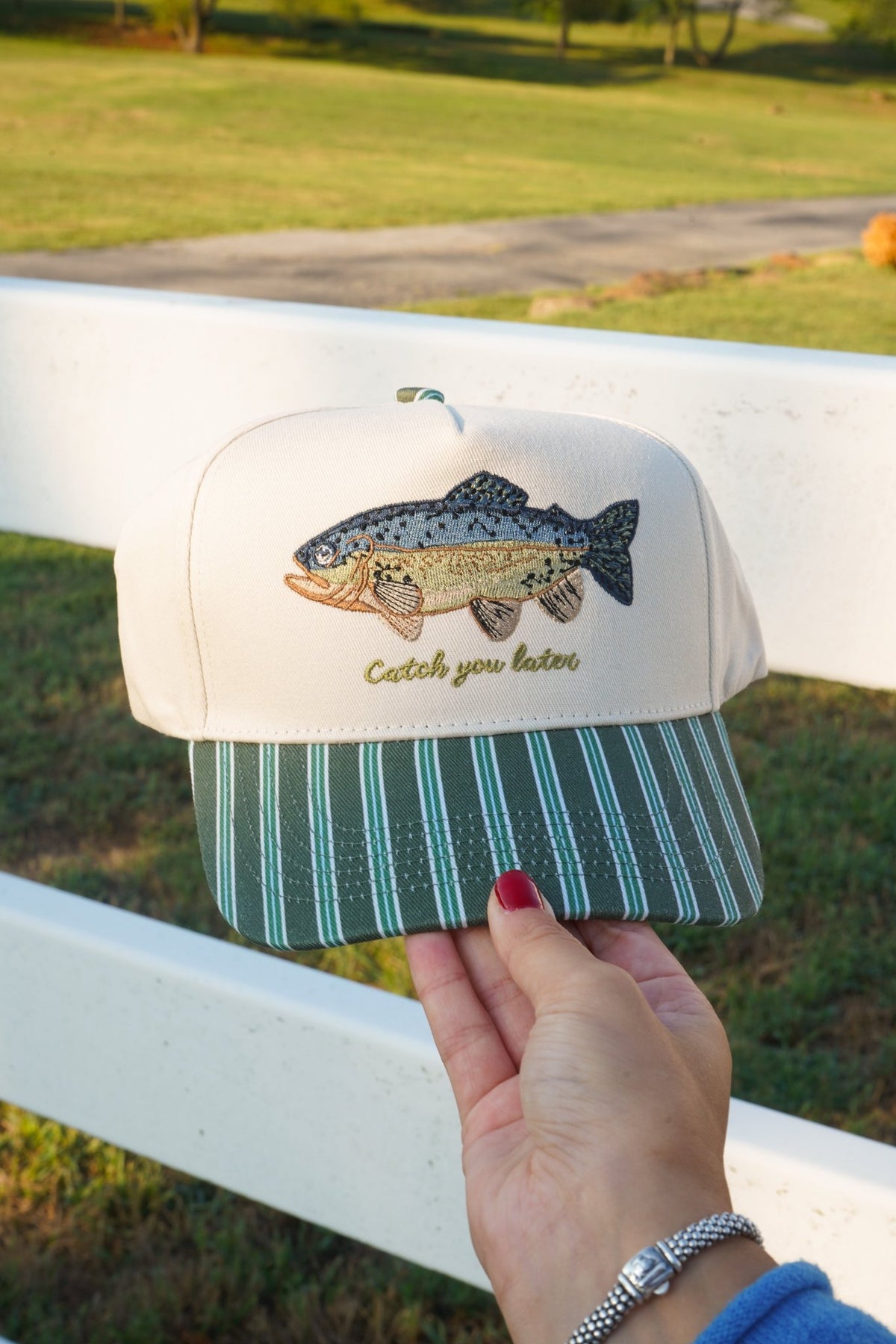 Catch you Later - Dark Green + Navy Stripe Trucker Hat - Shop LINNY CO