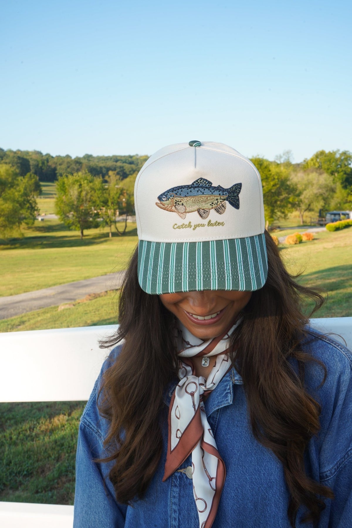Catch you Later - Dark Green + Navy Stripe Trucker Hat - Shop LINNY CO