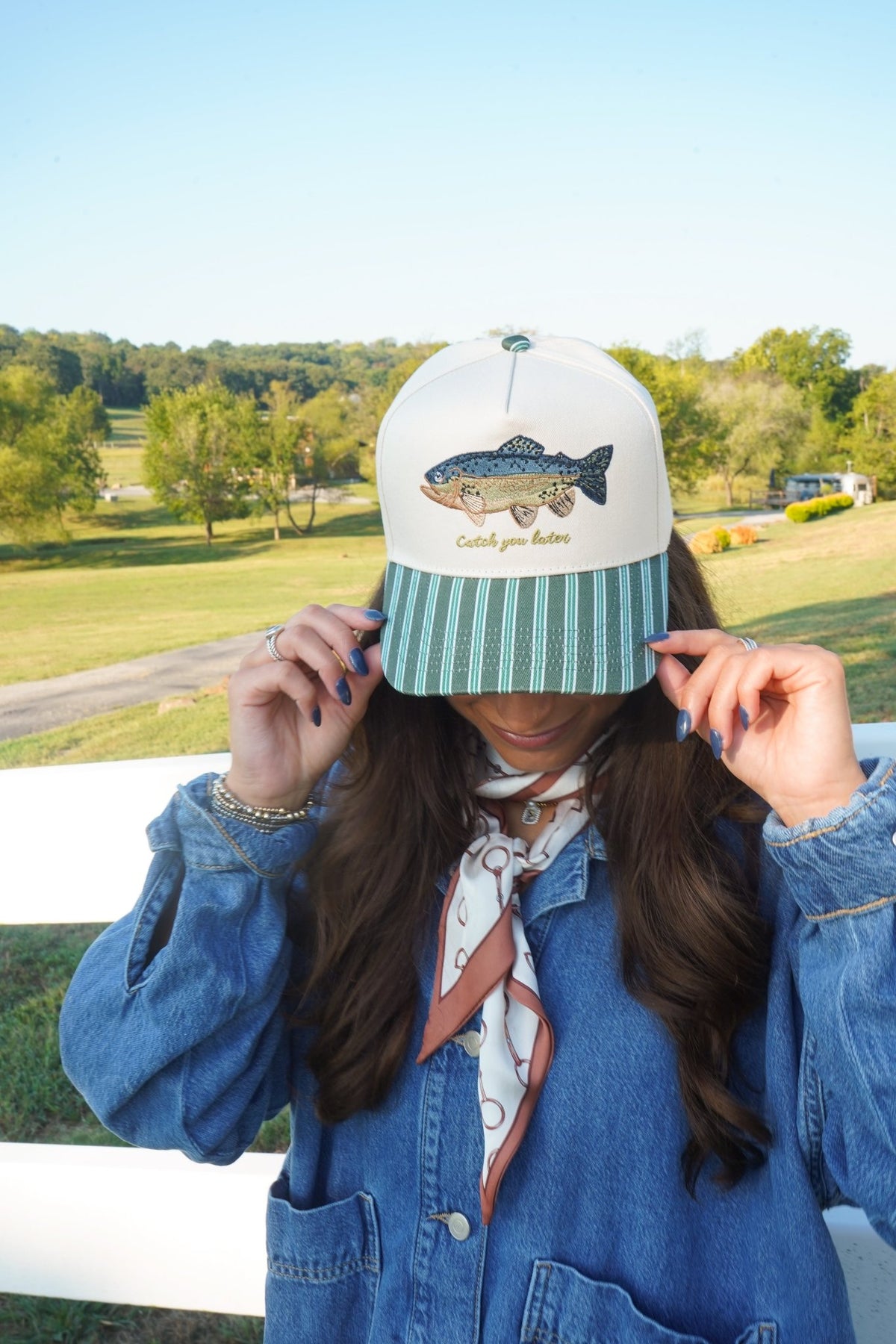 Catch you Later - Dark Green + Navy Stripe Trucker Hat - Shop LINNY CO