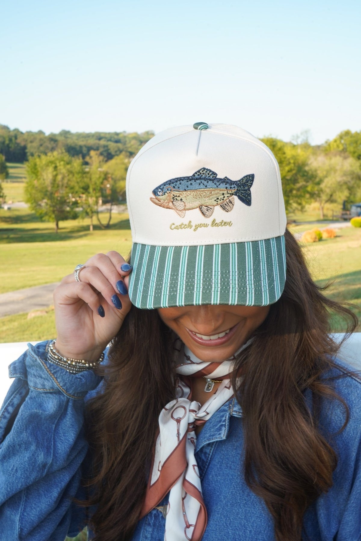 Catch you Later - Dark Green + Navy Stripe Trucker Hat - Shop LINNY CO