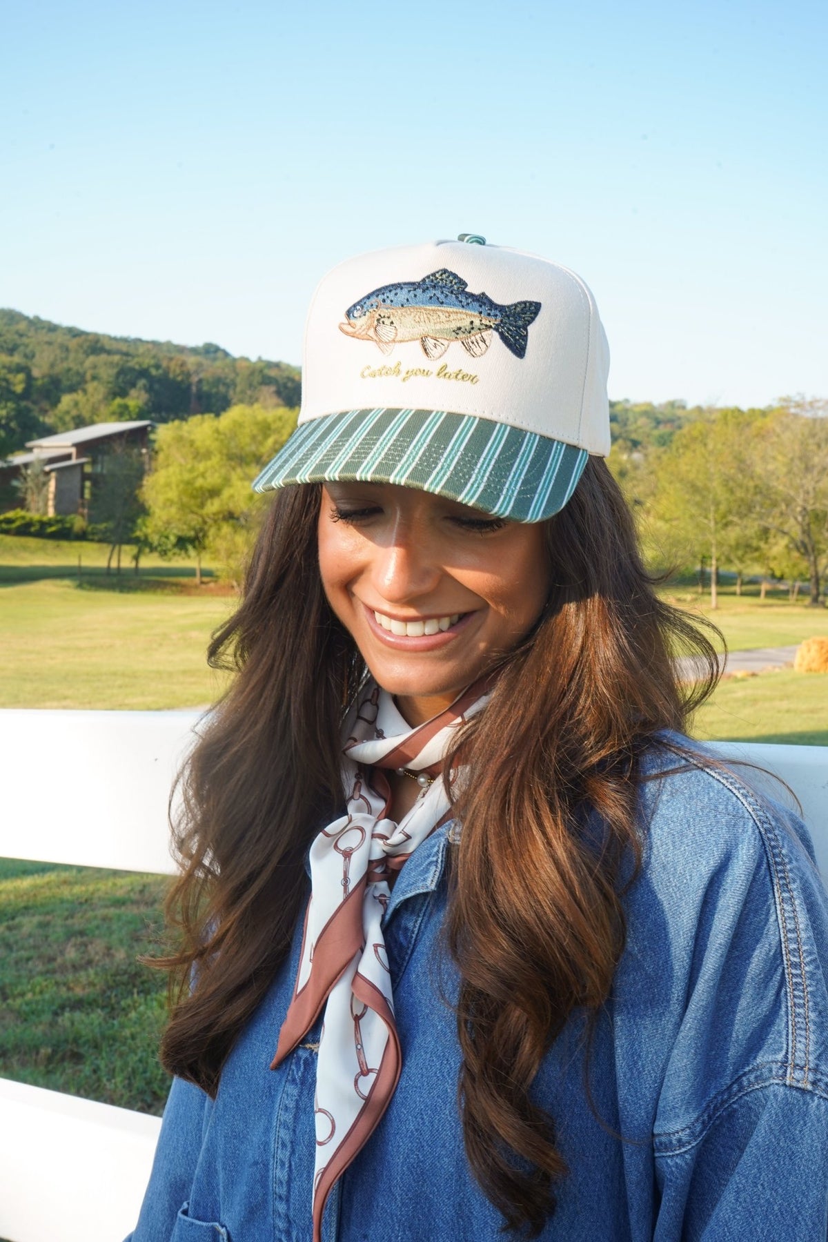 Catch you Later - Dark Green + Navy Stripe Trucker Hat - Shop LINNY CO