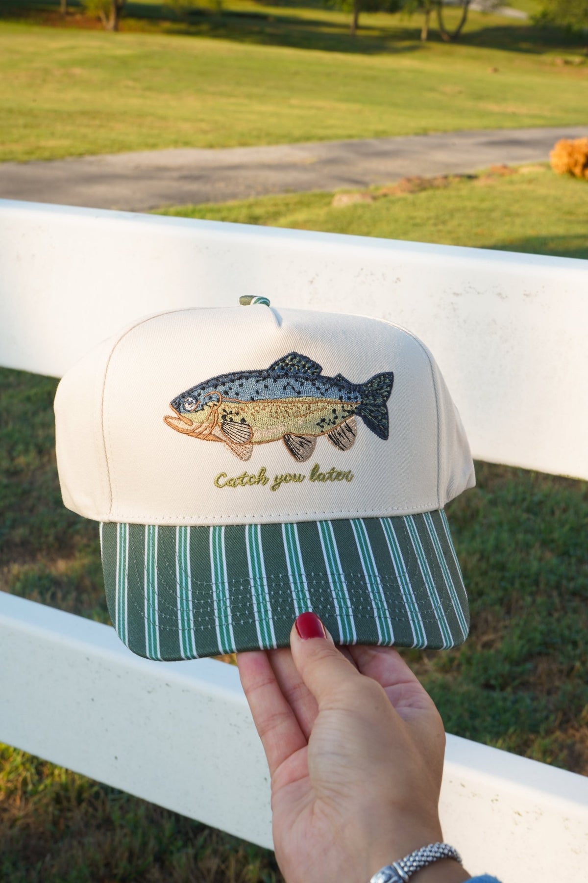 Catch you Later - Dark Green + Navy Stripe Trucker Hat - Shop LINNY CO
