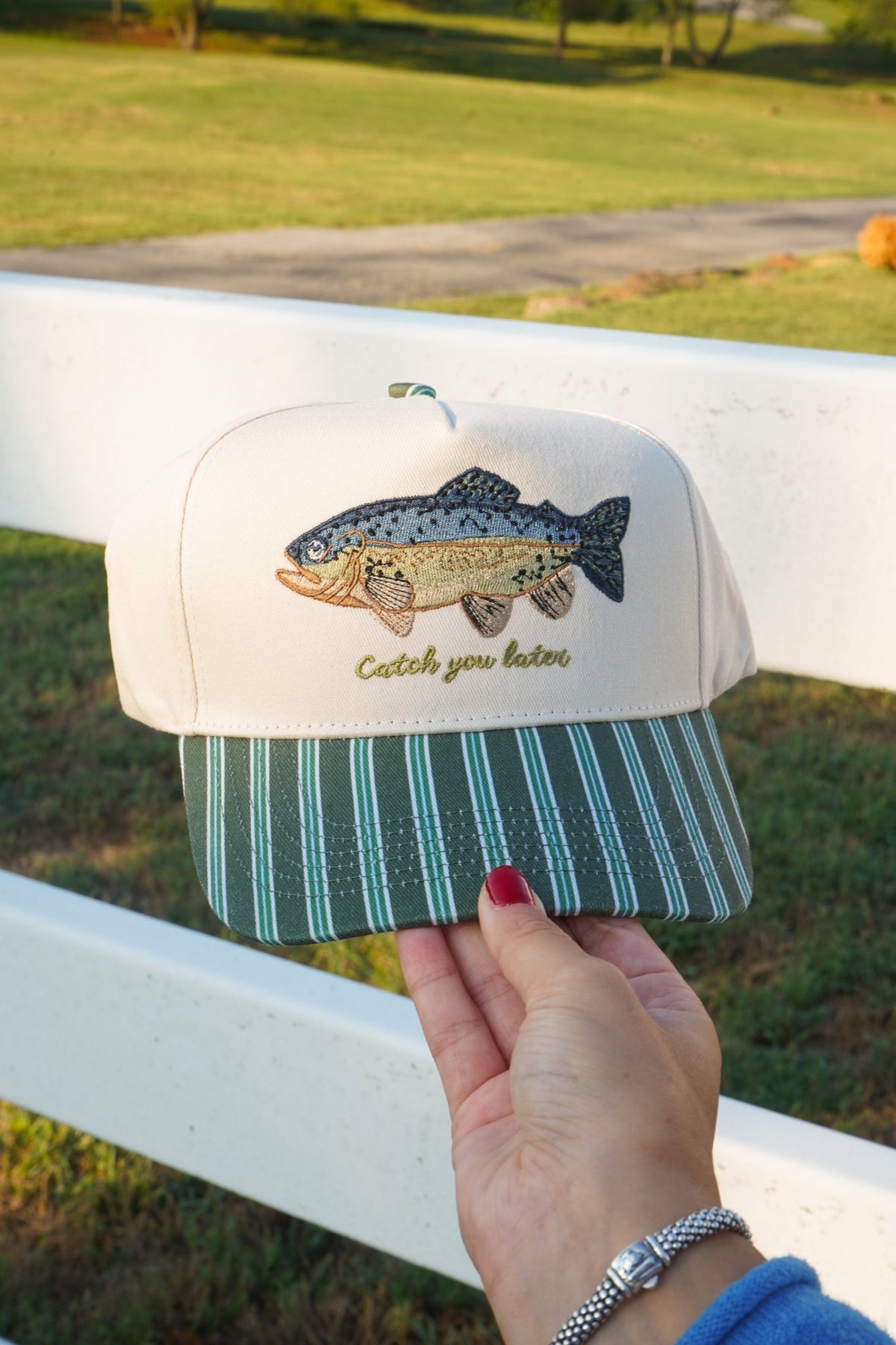 Catch you Later - Dark Green + Navy Stripe Trucker Hat - Shop LINNY CO