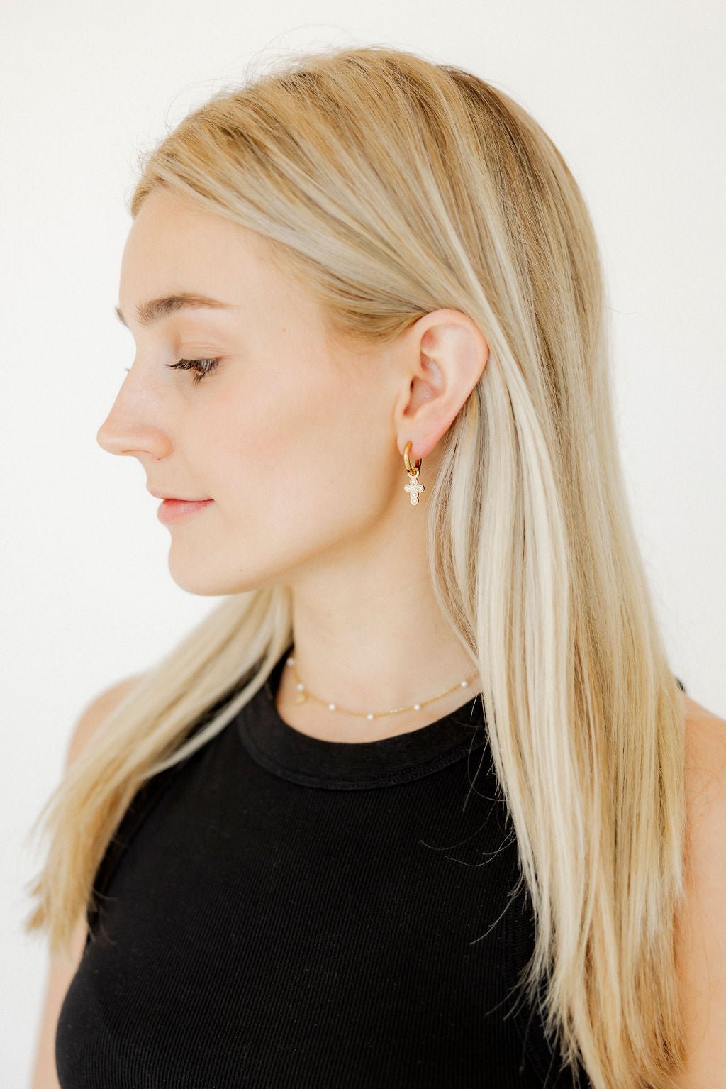Huggie Charm Earrings - Esther Cross Clear - Shop LINNY CO