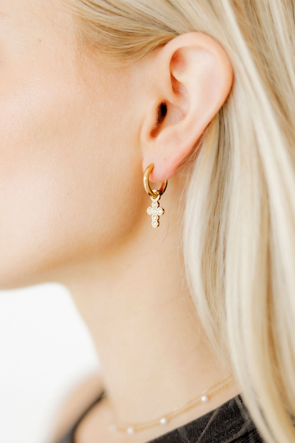 Huggie Charm Earrings - Esther Cross Clear - Shop LINNY CO