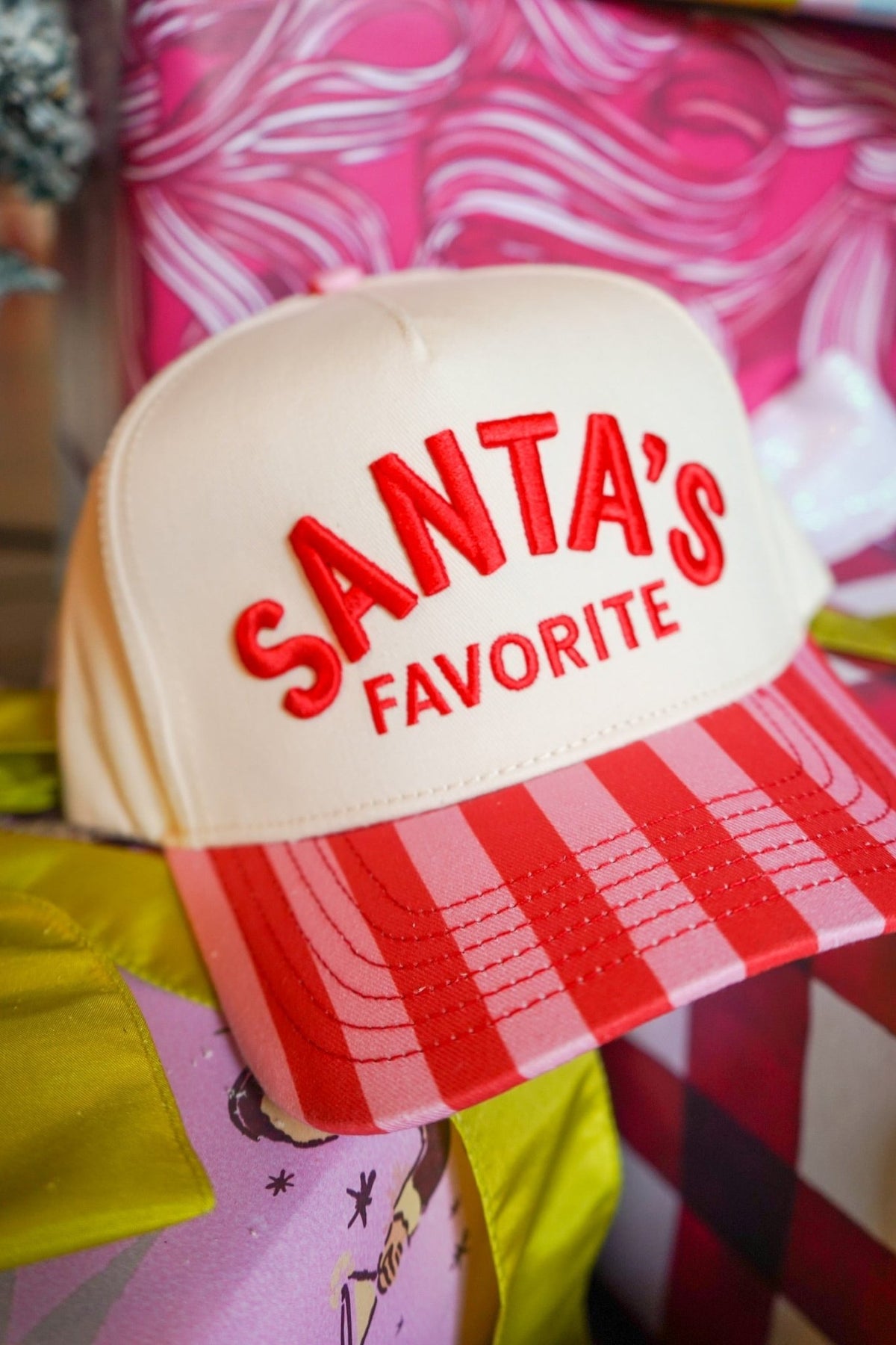 Santa's Favorite - Pink & Red Stripe Trucker Hat - Shop LINNY CO