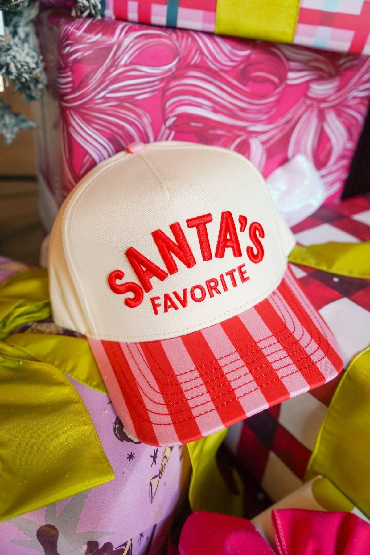 Santa's Favorite - Pink & Red Stripe Trucker Hat - Shop LINNY CO