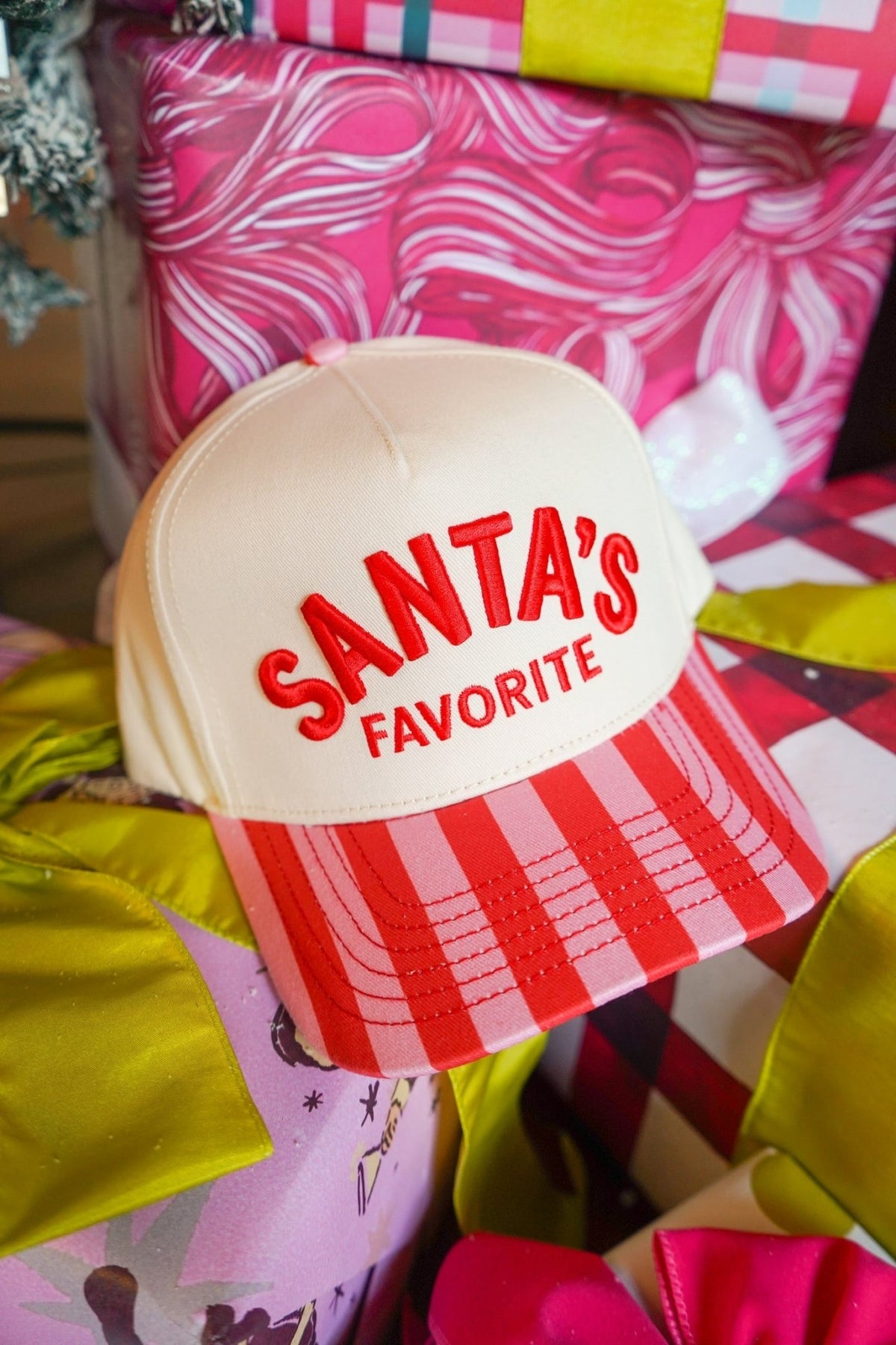 Santa's Favorite - Pink & Red Stripe Trucker Hat - Shop LINNY CO