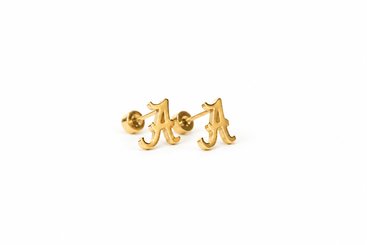 Screwback Stud Earrings - Alabama Crimson Tide Script A Gold - Shop LINNY CO