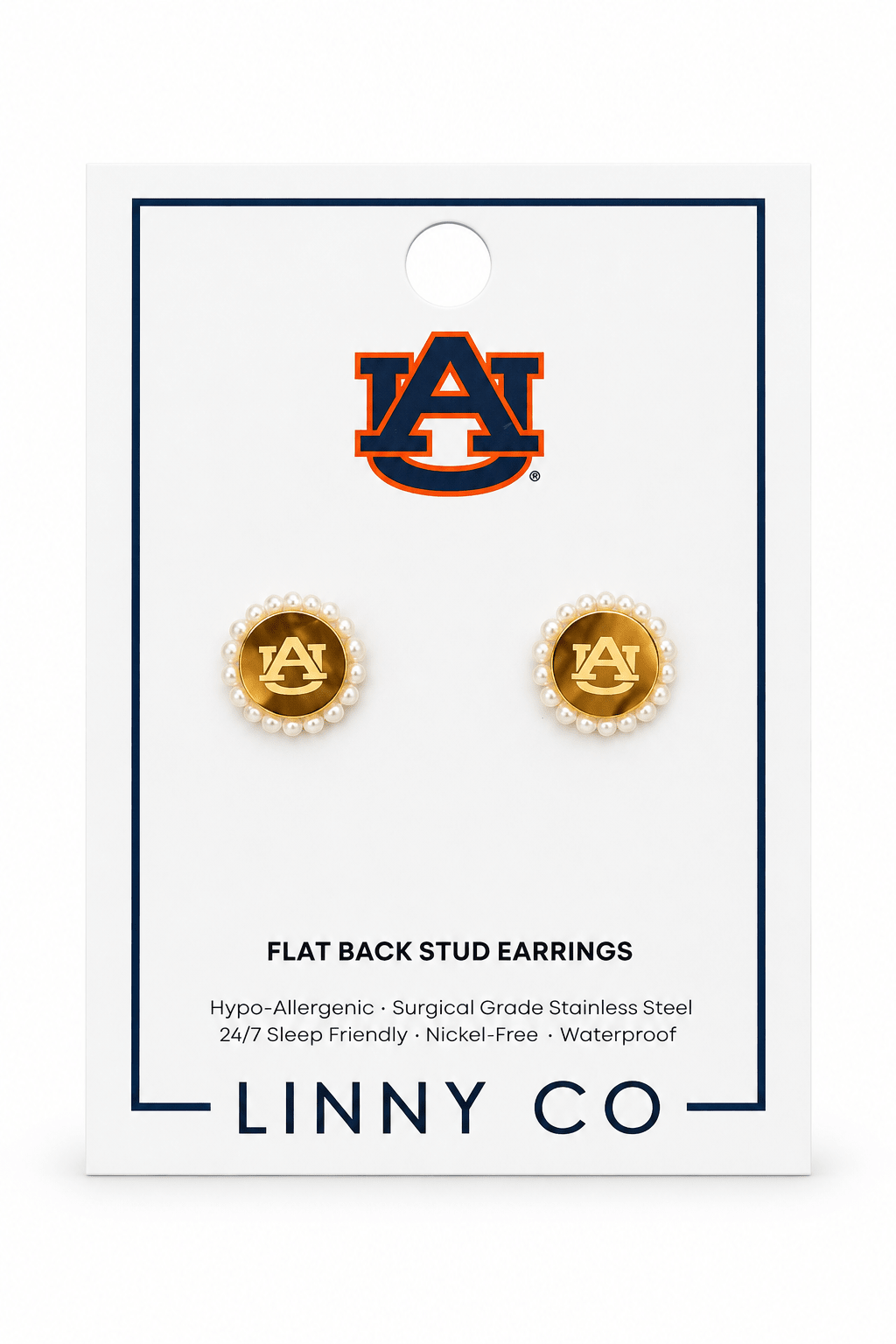 Auburn AU Alice gold studs with pearl border, screw-on flat back earrings officially licensed by Auburn University Tigers, Auburn, AL