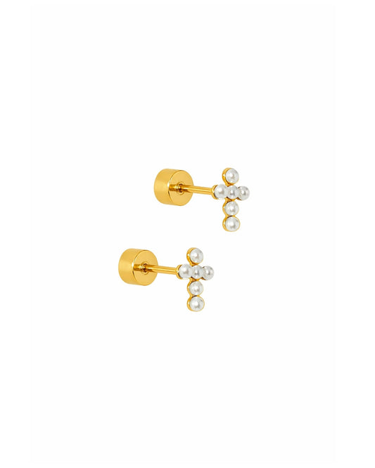 Screwback Stud Earrings - Clara Cross Pearl - Shop LINNY CO