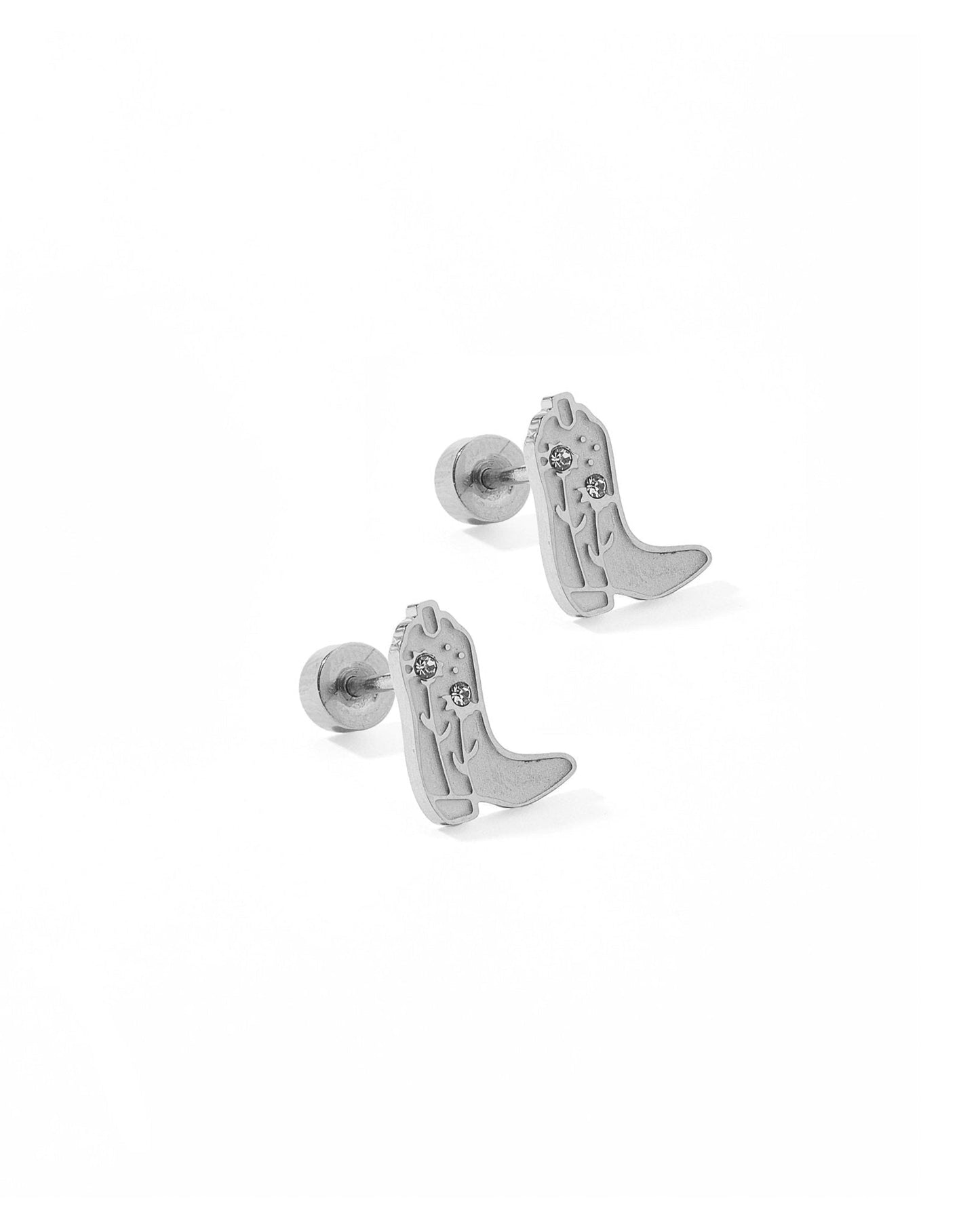 Screwback Stud Earrings - Daisy Cowgirl Boot Silver - Shop LINNY CO