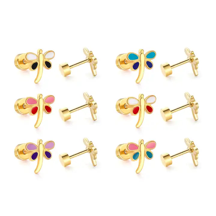 Screwback Stud Earrings - Bri Butterfly Pink and Teal